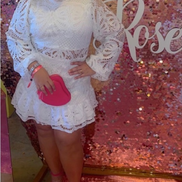 KISS ME NOW MINI DRESS - LONG PUFF SLEEVE DRESS IN WHITE LACE.. Listed at $129 - Picture 4 of 5